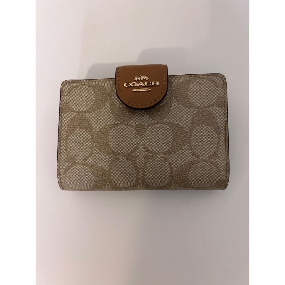 Coach Medium Corner Zip Wallet Signature Canvas Khaki Saddle Brown C0082 - Picture 2 of 8